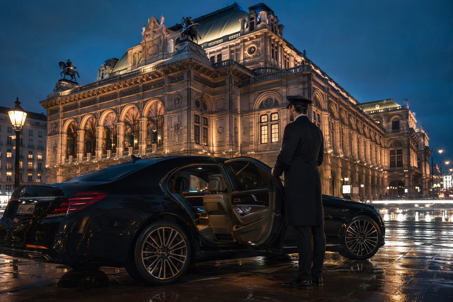 Une berline et son chauffeur devant l’Opéra de Vienne.