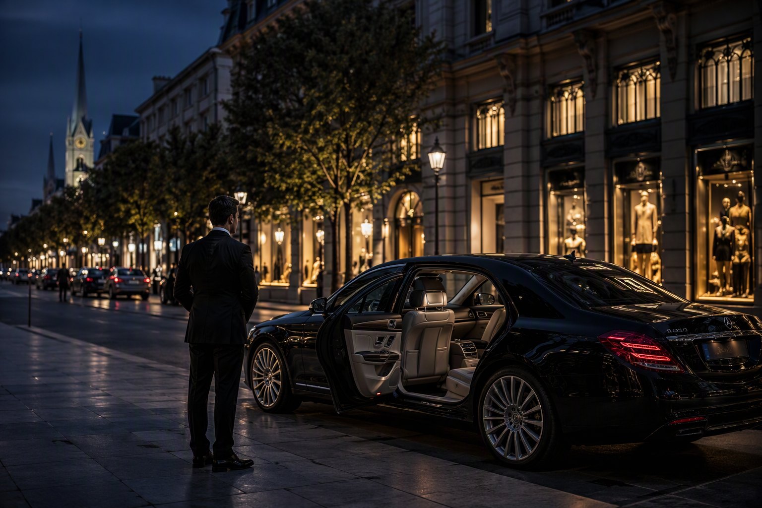 Une berline et son chauffeur sur la Bahnhofstrasse, la nuit.