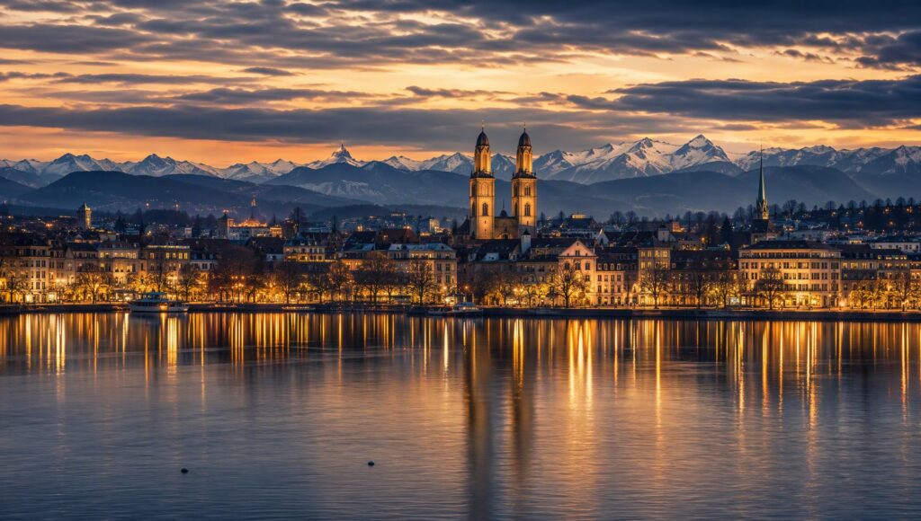 Vue de Zurich au crépuscule.