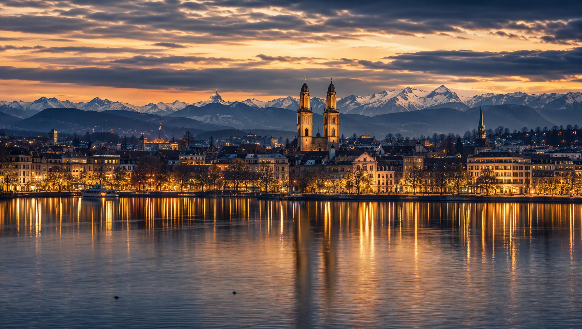 Le lac de Zurich au crépuscule, la vieille ville et les Alpes enneigées.